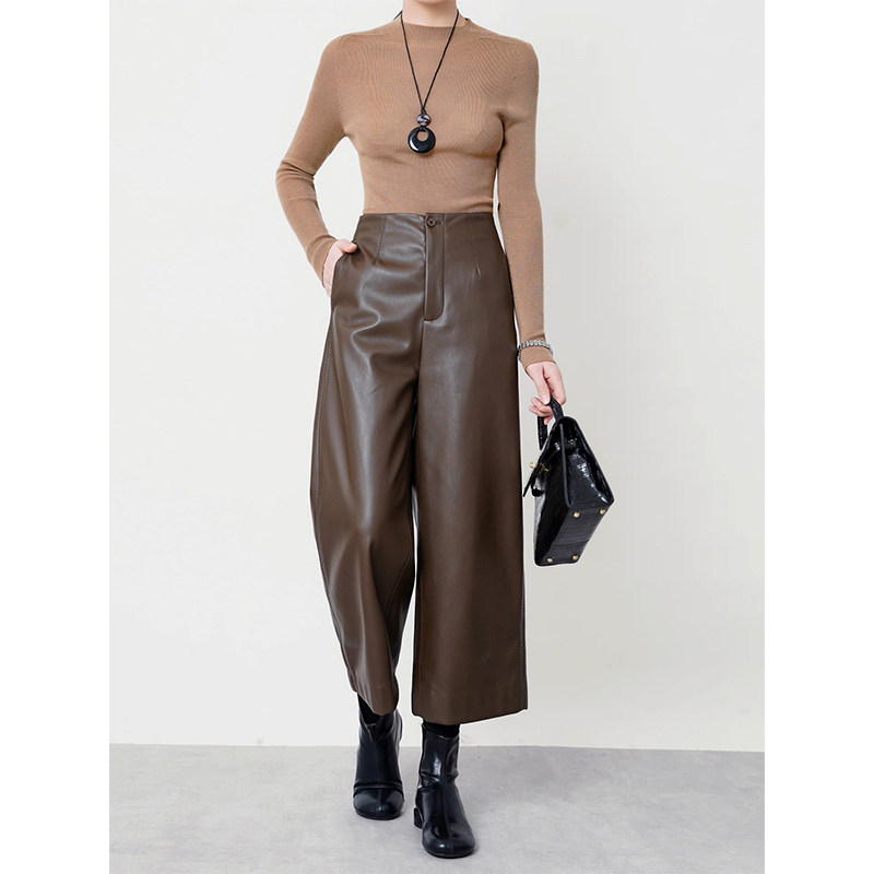 黑色高腰真皮皮裤女2025秋冬季保暖绵羊皮裤直筒九分休闲阔腿裤,女装/女士精品,休闲裤,淘宝优惠券,粉丝福利购,淘宝优惠卷