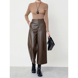 黑色高腰真皮皮裤女2025秋冬季保暖绵羊皮裤直筒九分休闲阔腿裤