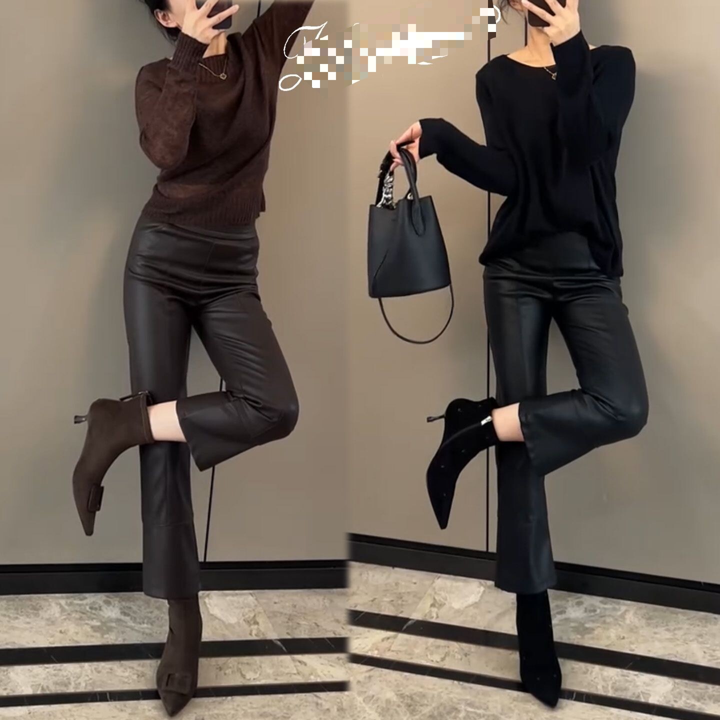 咖色微喇皮裤女2025秋冬新款高腰显瘦简约气质时髦轻奢烟管九分裤,女装/女士精品,休闲裤,淘宝优惠券,粉丝福利购,淘宝优惠卷