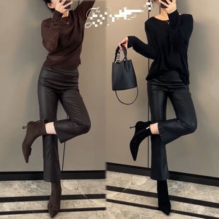 咖色微喇皮裤女2025秋冬新款高腰显瘦简约气质时髦轻奢烟管九分裤