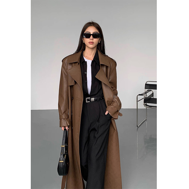 海宁黑色长款皮衣外套女高级感新款韩版宽松休闲风衣过膝大衣流行