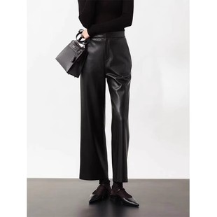 黑色高腰真皮皮裤女2025秋冬季高级感小个子直筒烟管绵羊皮皮裤