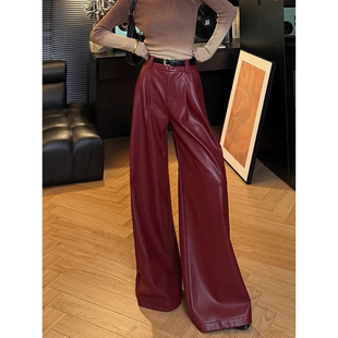 2026春季新款纯色复古时髦绵羊皮真皮皮裤高腰直筒拖地阔腿长裤女