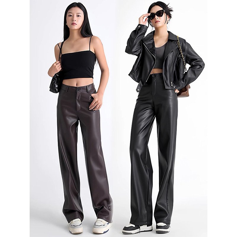 高级感酷飒休闲高腰窄版阔腿皮裤