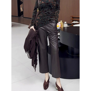 深咖色九分皮裤女秋季2025新款大码胖mm直筒裤高腰显瘦气质烟管裤