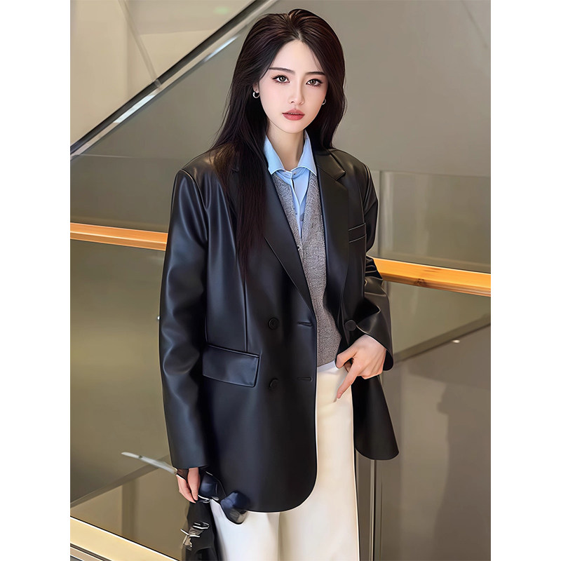 黑色皮西装外套女早秋高级感秋冬宽松绵羊皮超好看真皮皮衣机车服