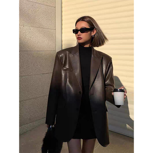 港风皮衣西装外套女2025冬季新款高级质感炸街宽松休闲真皮西服