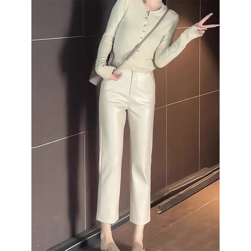 杏色真皮皮裤高腰显瘦垂感直筒裤