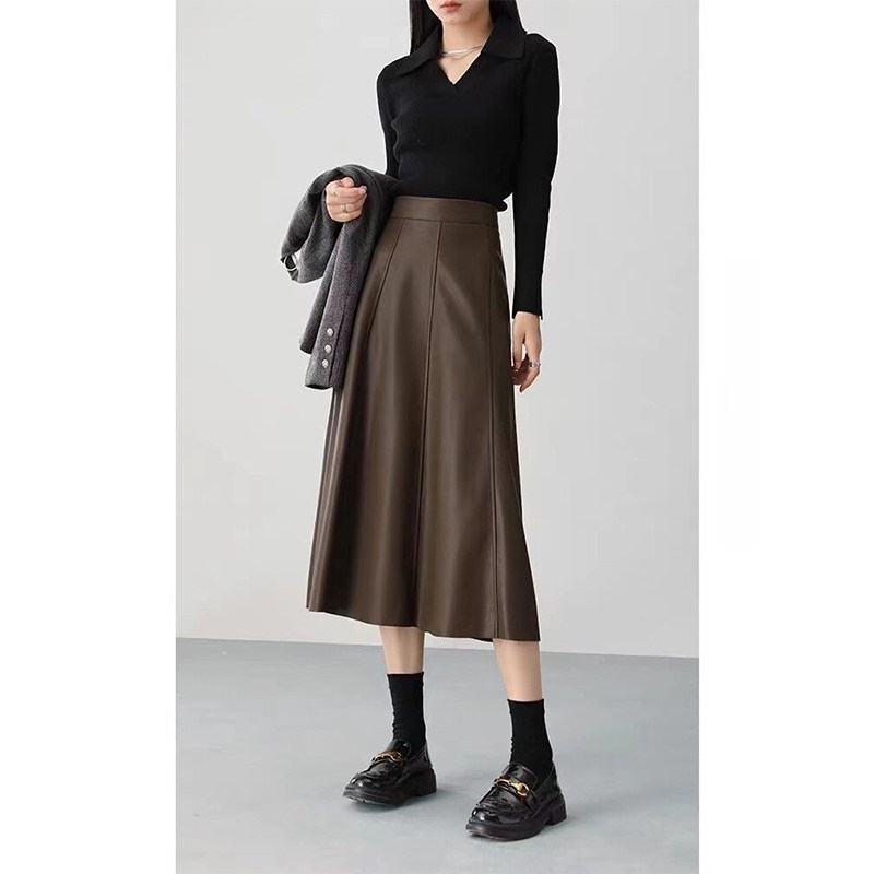 欧洲站2025秋冬新款绵羊皮皮裙真皮皮裙中长款半身裙显瘦a字伞裙