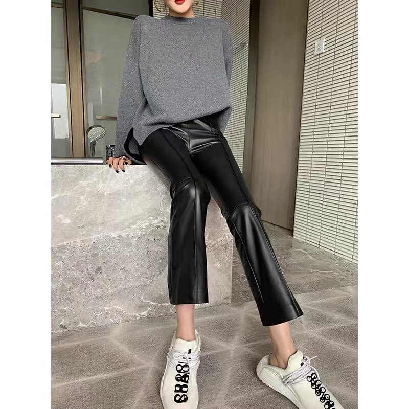 2025秋冬新款真皮皮裤九分裤绵羊皮皮裤修身显瘦休闲打底微喇裤