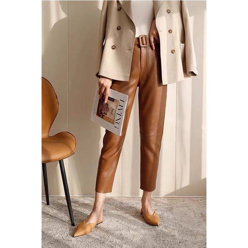 2025春季新款韩版绵羊皮皮裤真皮皮裤女高腰显瘦九分烟管小脚裤潮,女装/女士精品,休闲裤,淘宝优惠券,粉丝福利购,淘宝优惠卷