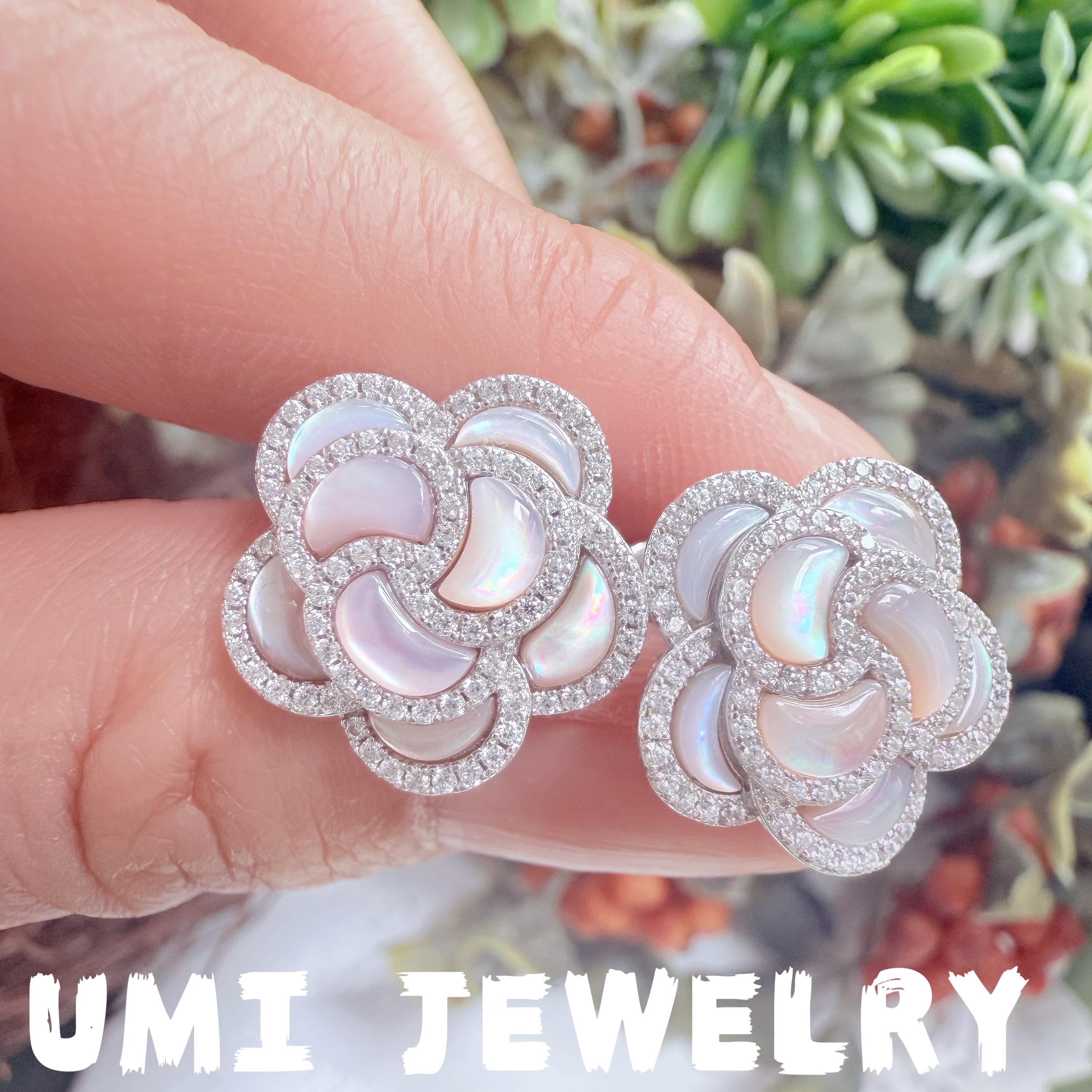 UMI家·轻珠宝/S925银镀k金·天然母贝山茶花耳钉法式浪漫情人节