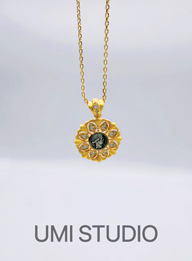 UMI家·轻珠宝/S925银镀k金好运女神古币意大利拉丝镂空镶钻吊坠