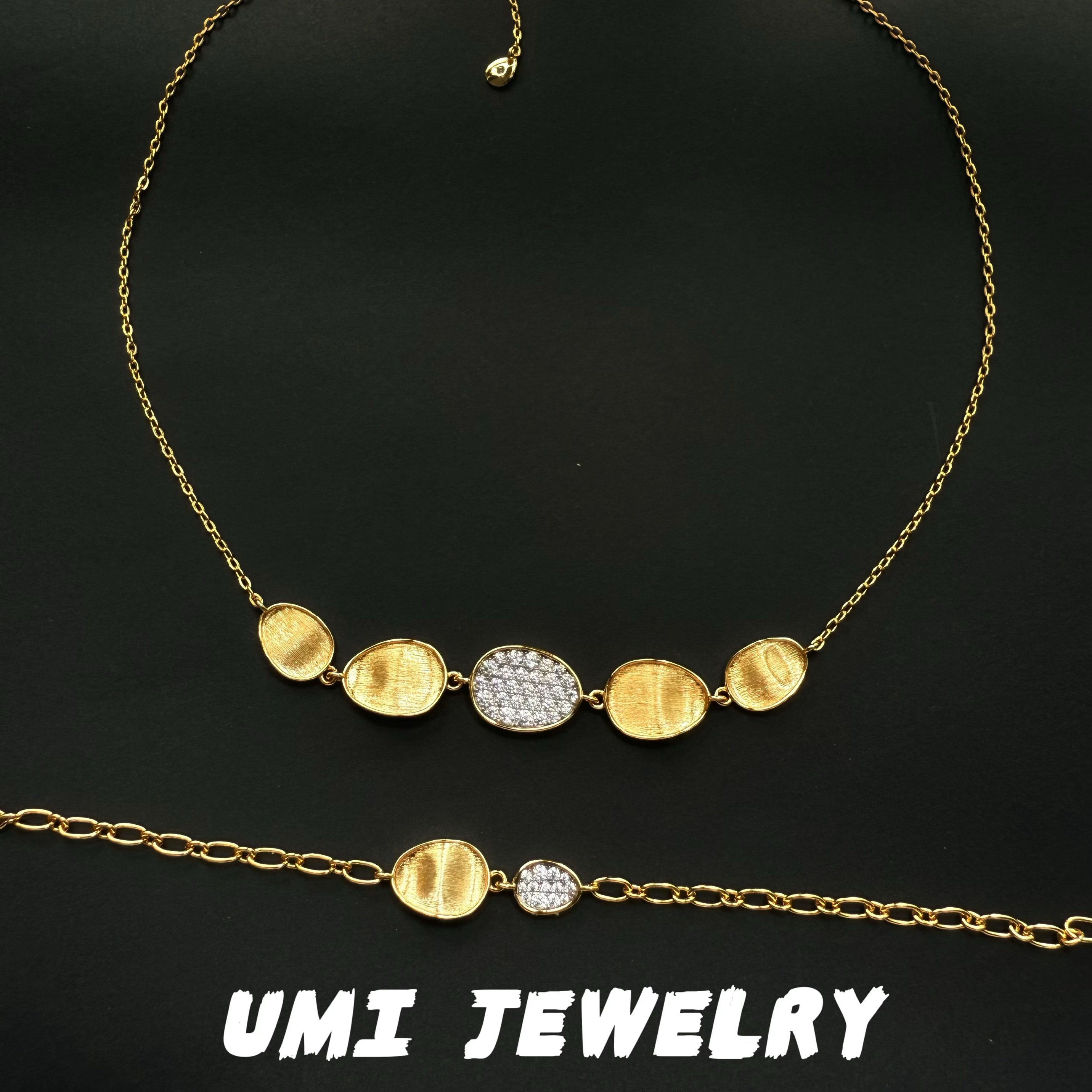 UMI家&middot;轻珠宝/S925银镀k金&middot;意大利工艺拉丝银扇草镶钻项链手链