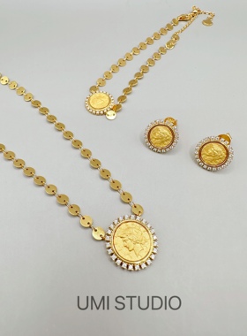 UMI家·轻珠宝/S925银镀真金·自由女神哑金金币项链手链耳钉轻奢