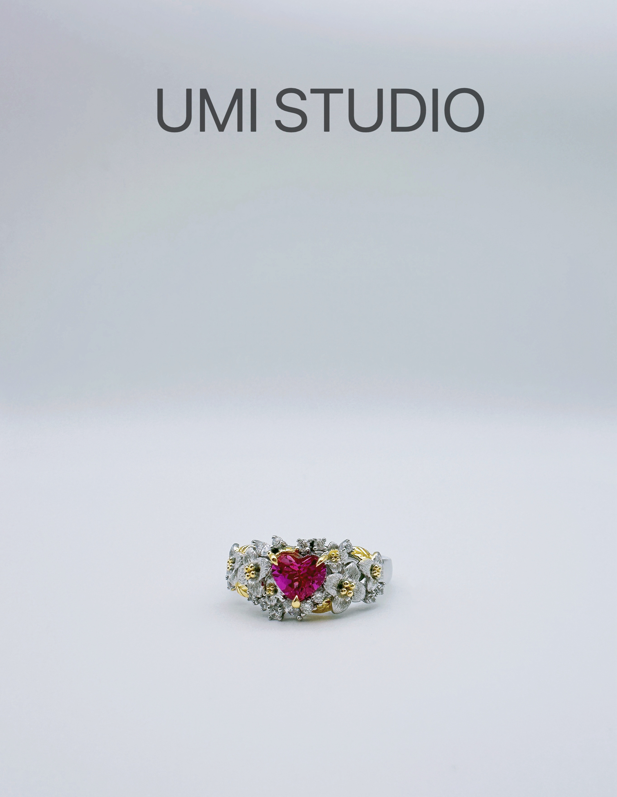 UMI家·轻珠宝/通体S925银镀18k金·繁花拉丝爱心红宝女戒甜酷感