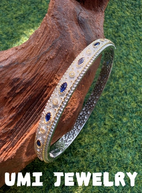 UMI【蓝调时刻】S925银镀k金意大利拉丝蓝钻中古复古精致轻奢手镯