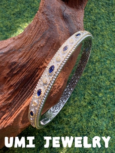 UMI S925银镀k金意大利拉丝蓝钻中古复古精致轻奢手镯 蓝调时刻