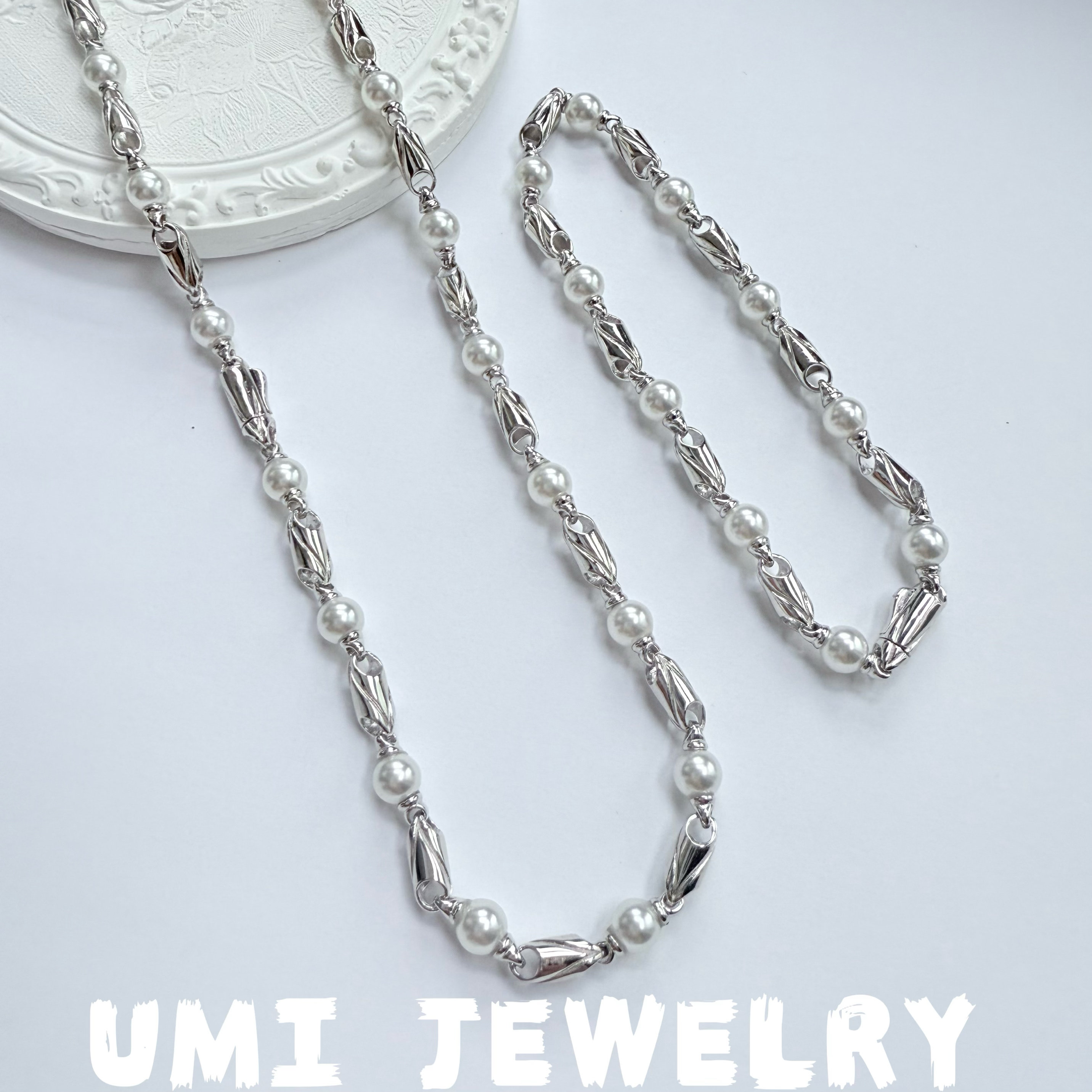 UMI家·轻珠宝/S925银镀k金珍珠银管不规则项链手链套装小众设计
