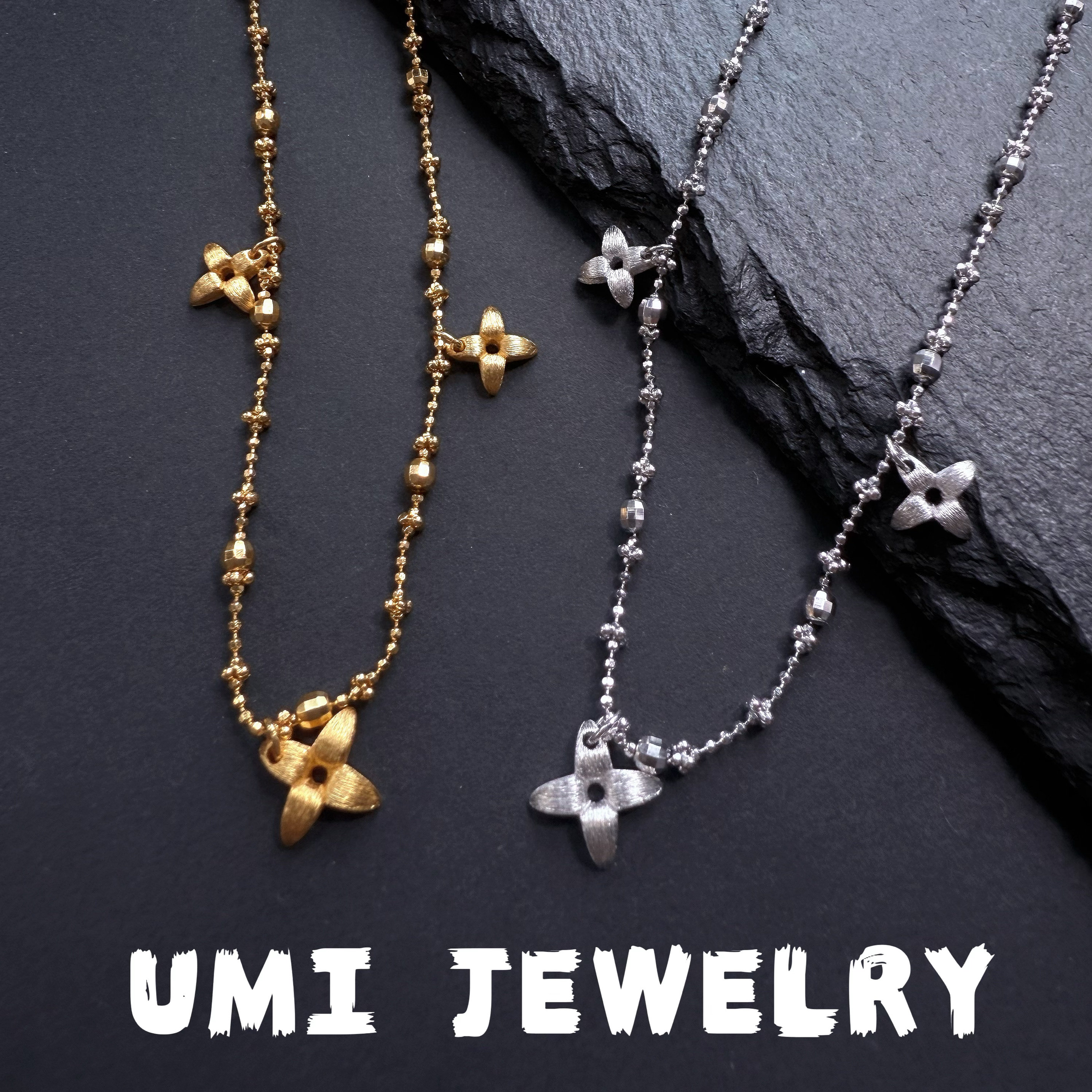 UMI家&middot;轻珠宝/S925银镀k金仙女链四叶草项链45cm小众拉丝高级感