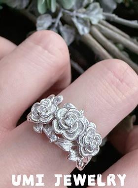 UMI家·轻珠宝/S925银镀金玫瑰花拉丝立体戒指小众设计精致食指戒