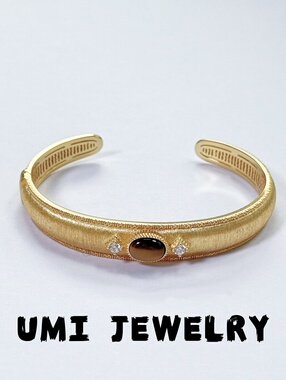 UMI家【金丝雀】S925银镀k金·拉丝开口虎眼手镯设计师高级感饰品