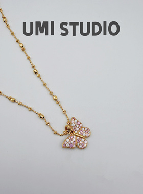 UMI家·轻珠宝/S925银镀k金双面蝴蝶镶钻拉丝仙女链项链国风高级