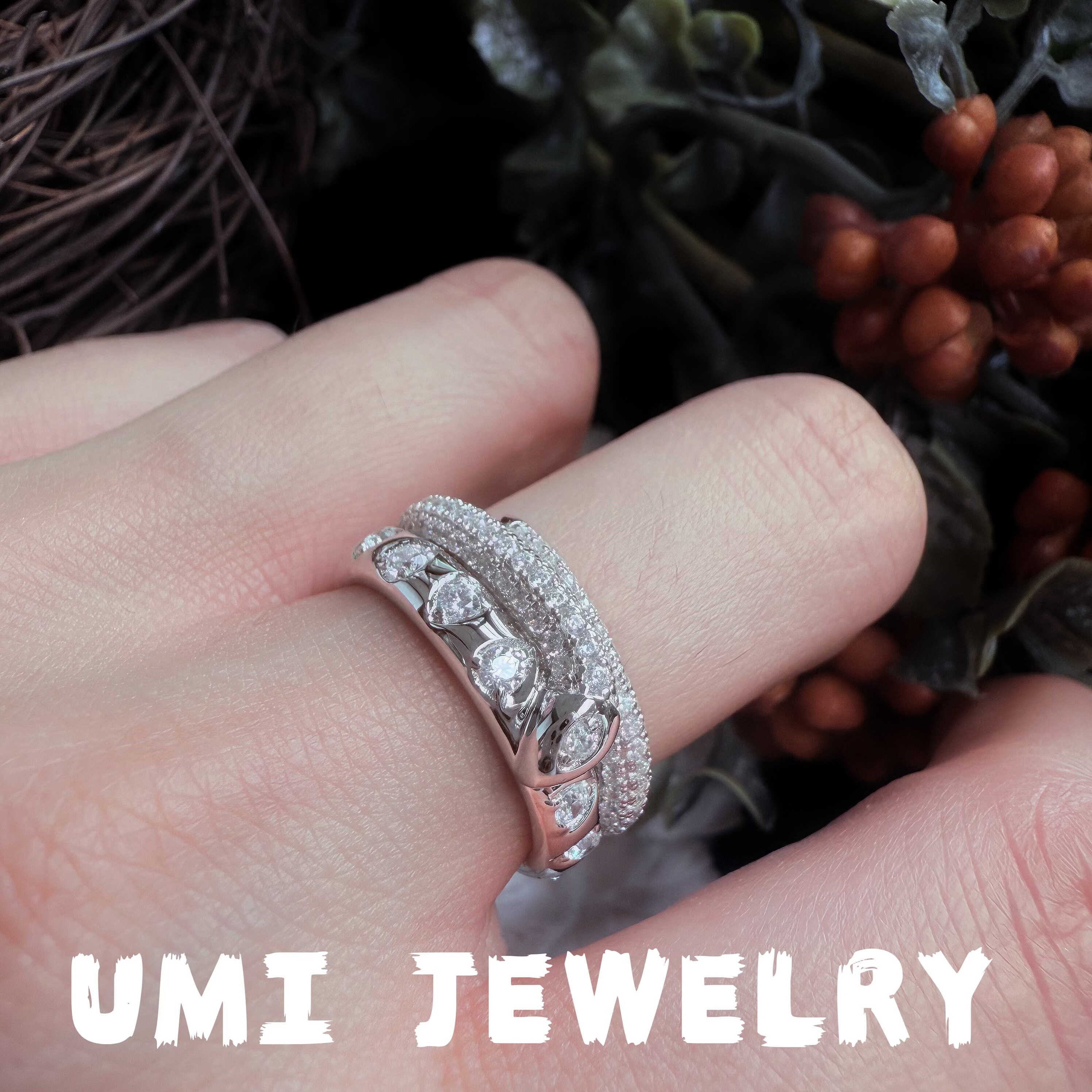 UMI家·轻珠宝/S925银镀k金·双层灵蛇镶钻白金色戒指高级轻奢感