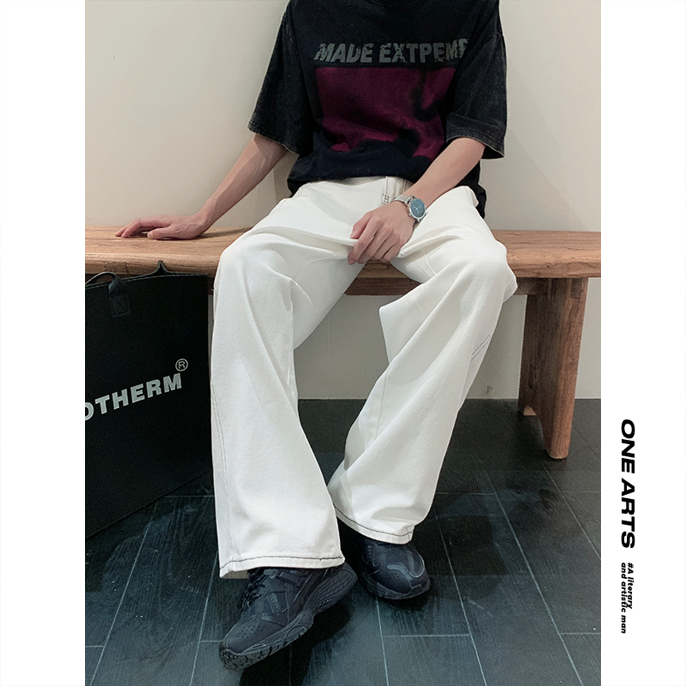 ONEARTS白色纯棉牛仔裤男款