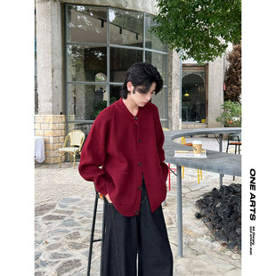 ONEARTS老钱风复古红色毛衣男款早秋慵懒轻奢针织开衫外套高级感