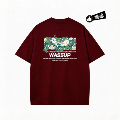 WASSUP BROWN花墙纯棉T恤短袖男夏季宽松高级感圆领五分袖体恤潮