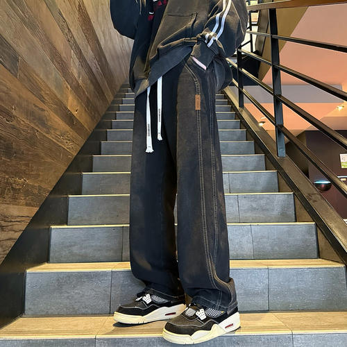 WASSUP BROWN美式街头牛仔裤男夏季潮牌宽松复古直筒阔腿休闲裤