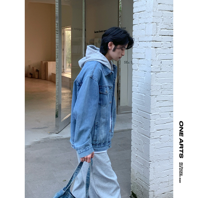 宽松帽子拼接可拆卸牛仔夹克