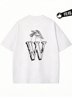 WASSUP BROWN幕后黑手纯棉T恤短袖男夏季宽松白色圆领五分袖体恤