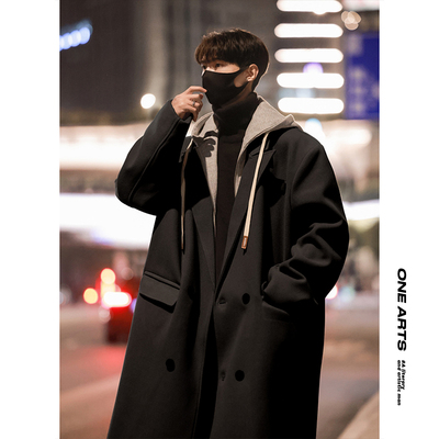 假两件连帽毛呢大衣风衣外套