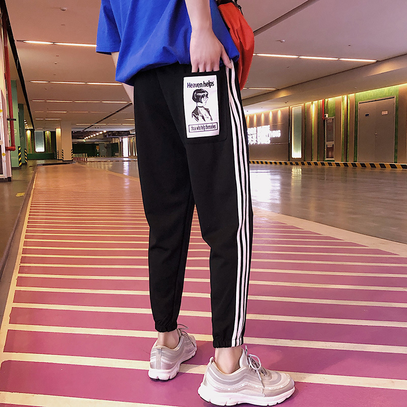 2018秋季条纹港风休闲裤男韩版潮流潮牌宽松运动ins束脚九分裤子