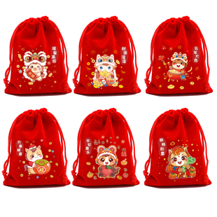 新款马年大红色绒布束口袋元旦春节礼品包装袋年会抽奖袋糖果袋