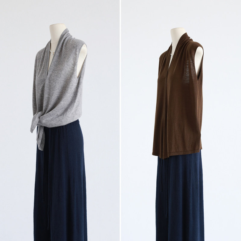 秋冬法式14针醋酸羊毛混纺v领无袖气质松弛针织衫上衣薄款套头背