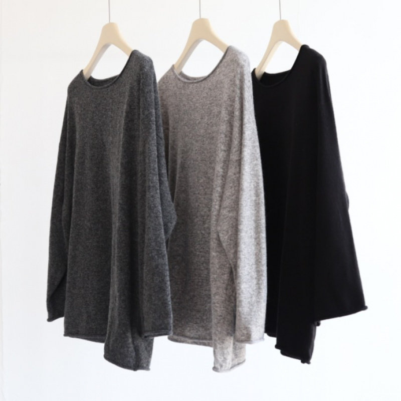 曼陀罗软糯中长款慵懒上衣女宽松羊毛混纺卷边领长袖套头针织衫