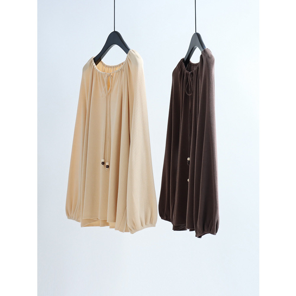 文艺串珠早春领口可调节天丝针织衫灯笼袖宽松罩衫莱赛尔套头上衣