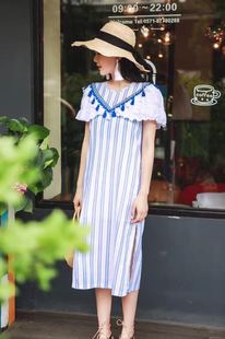 现货韩国进口2023春夏新款helder时尚民族风短袖条纹连衣裙