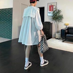韩国东大门进口2024秋冬新款娃娃领宽松显瘦中长款衬衫连衣裙女