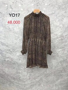 现货韩国进口2023秋冬新js new york时尚豹纹百搭长袖雪纺连衣裙