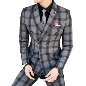 秋冬双排扣西服套装男两件套青年格子韩版修身西装A470-TZ20-P225图片