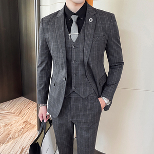 20秋冬西装套装时尚修身男士商务格子西服三件套A470-TZ37-P235图片
