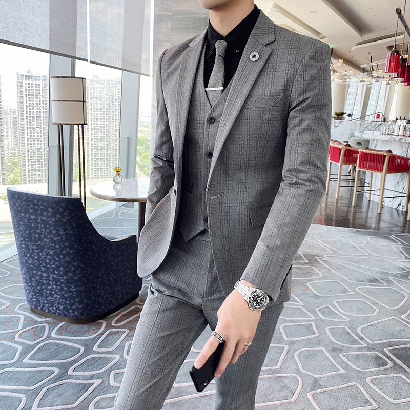 20秋冬西装套装时尚修身男士商务格子西服三件套A470-TZ37-P235图片