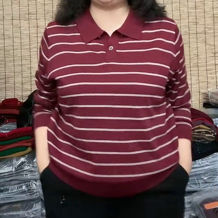 Polo领条纹针织上衣女秋季新款镂空透气宽松中年妈妈装长袖打底衫