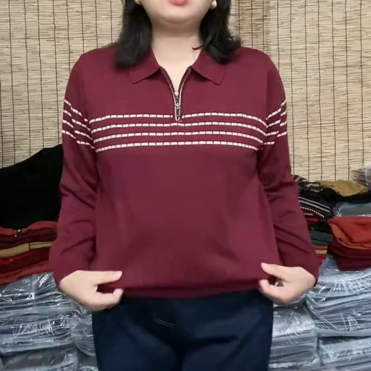 复古条纹半拉链针织上衣女秋季横条纹宽松显瘦气质百搭长袖打底衫
