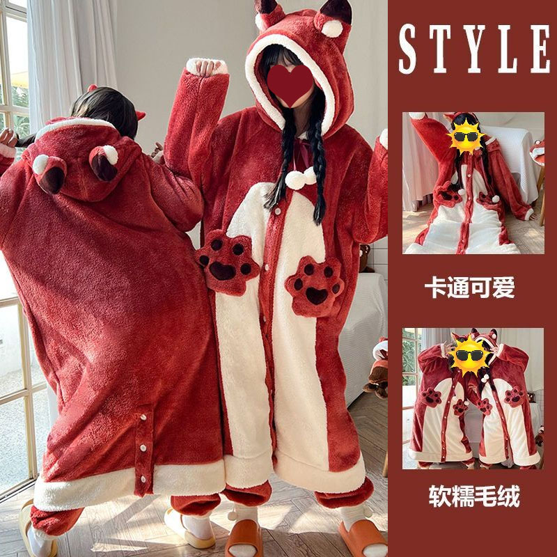 睡袍法兰绒睡衣女冬加绒家居服