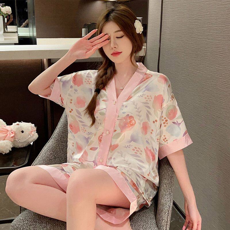 短袖睡衣女夏冰丝薄款甜美V领卡通网红大码开衫家居服可出门套装